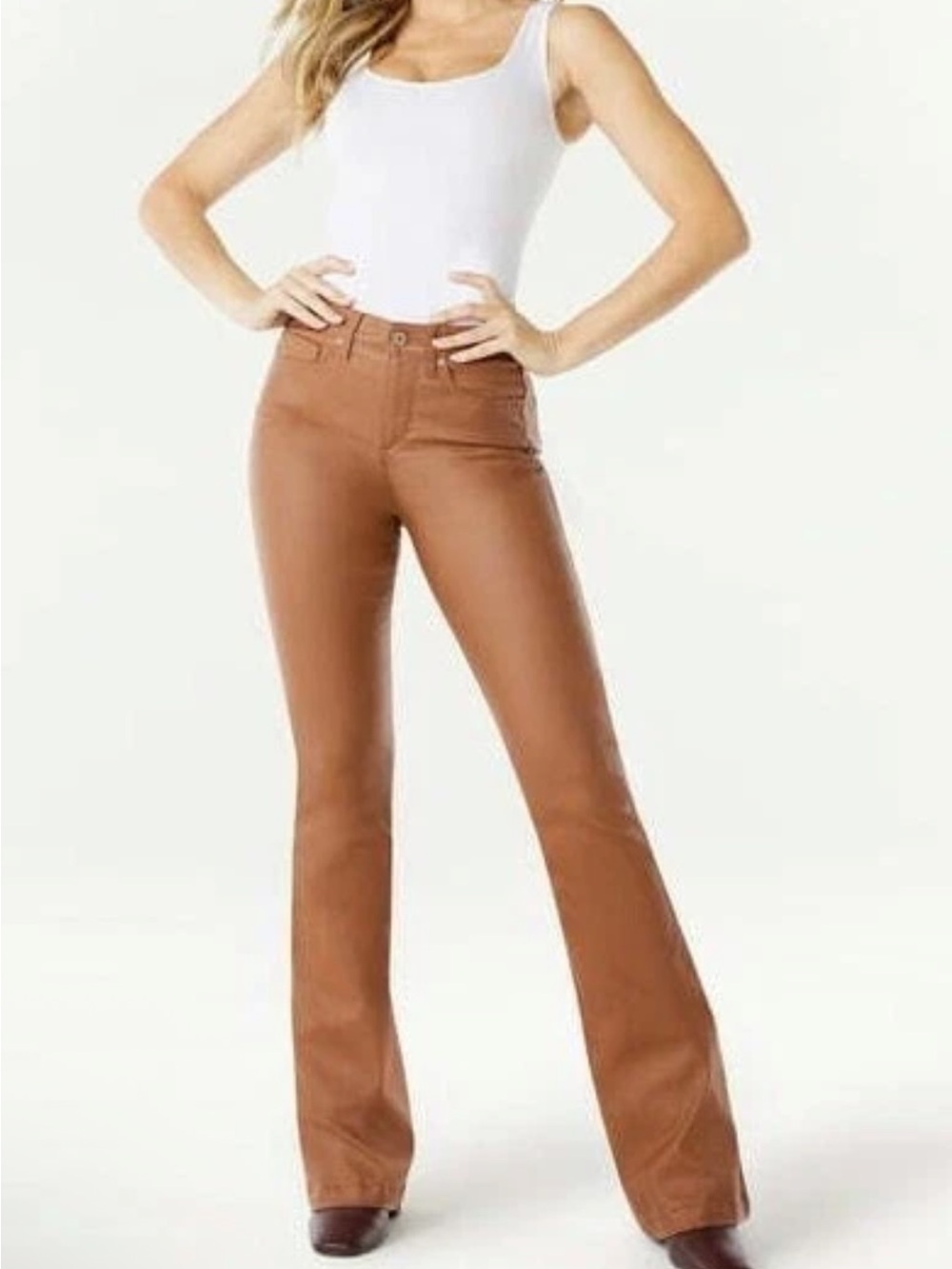 Sofia Jeans by Sofia Vergara Tan High-Rise Faux Leather Flare Pants